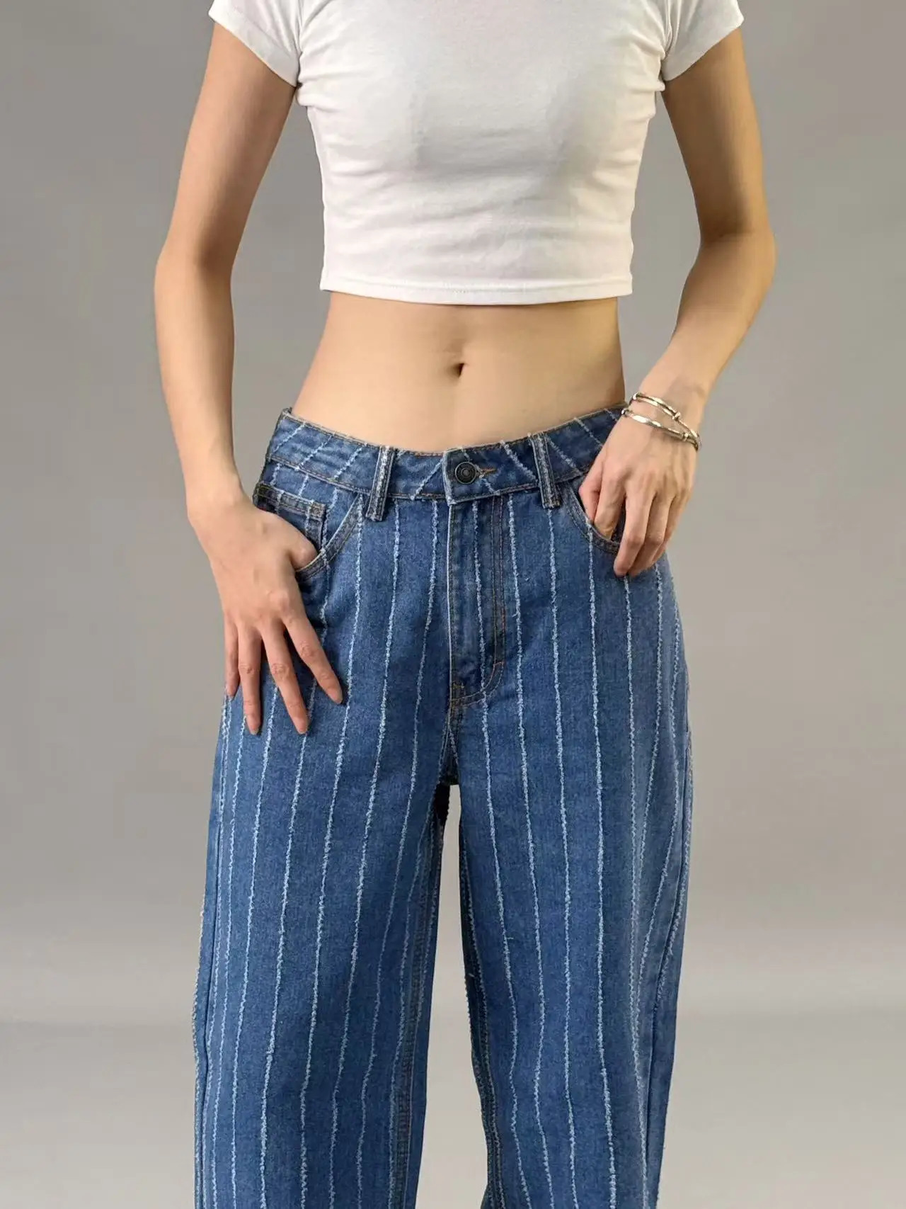 Wornout jacquard jeans for women Spring Summer style High waisted wide leg loose fit slimming effect 250530