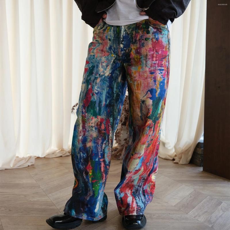 Men's Jeans Denim Pant Women Men Print Wide Leg Long Pants Casual Loose High Waist Straight Trousers Y2k Streetwear Button Pocket