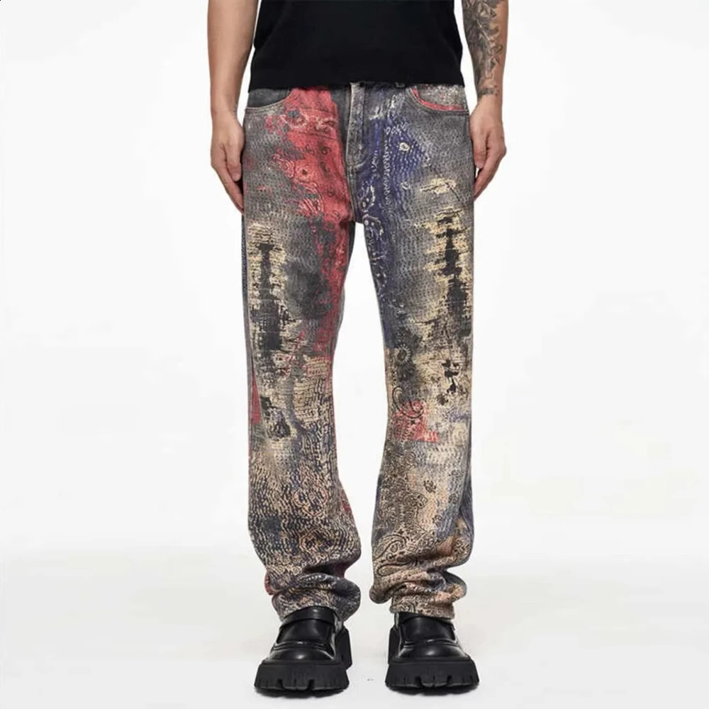 2025 Street Remastered 3D Digital Spray Cashew Flower Printed Straight Leg Cowboy Pants Boro Baggy Denim Tapered Jeans Men 250520Z