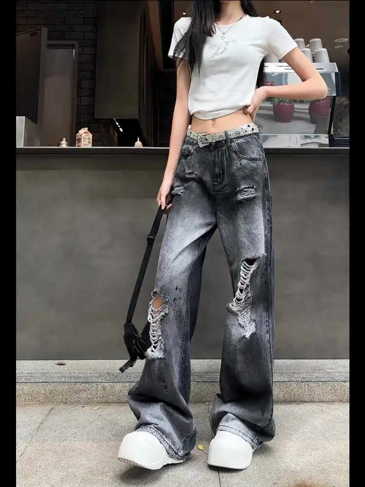 Blue Jeans Women American Style 90s Vintage High Waisted Straight Trouser Streetwear Casual Loose Wide Leg Denim Pants 250530