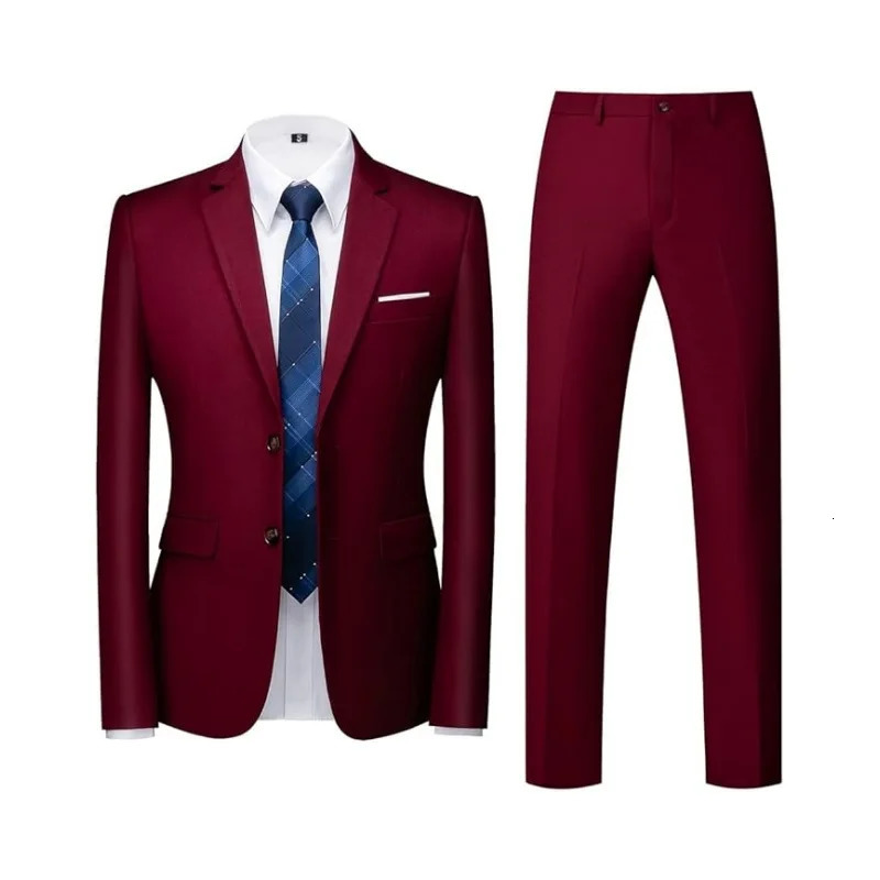 Mens Suit 2-Piece Slim Fit Single Breasted Two Button Suits Wedding Business Blazer Trousers 250527