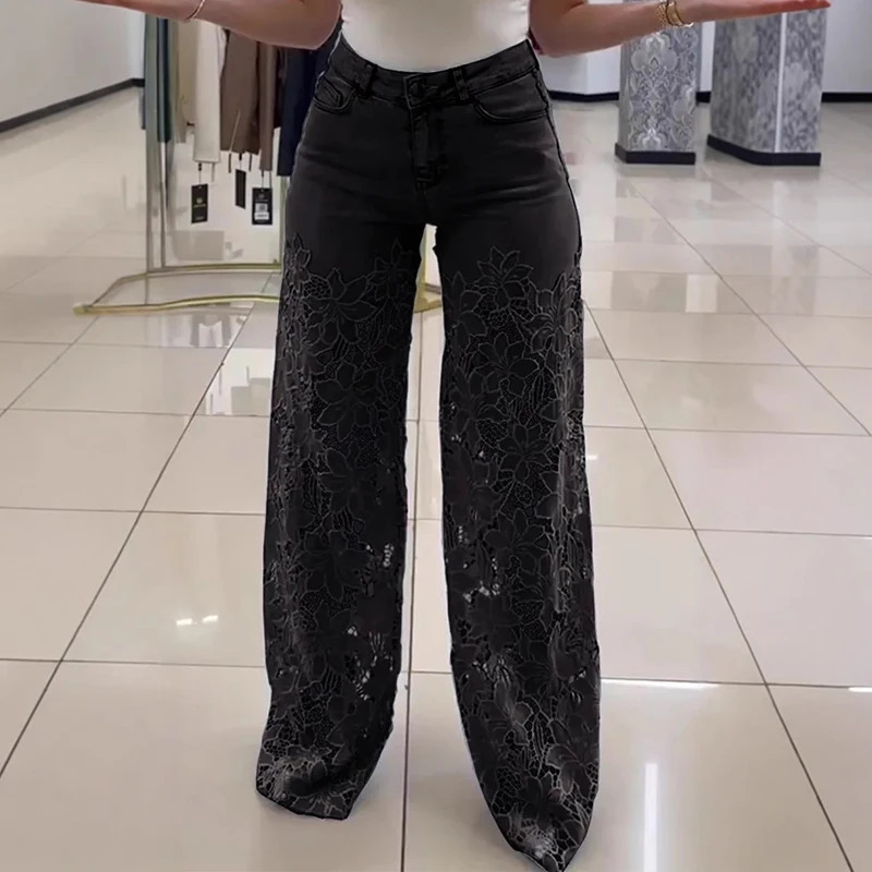 Streetwear Button Pocket Denim Pants Woman Casual Crochet Spliced Lace Hollow Out Flower Jeans Spring Summer High Waist Trousers 250530