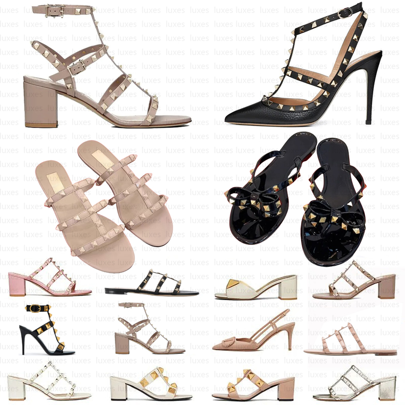 2025 Designer High Low Heels Sandals Womens Flat sandal Luxury Strap Roman Studs Black Nude Strip stiletto Peep-Toe Point Toe Rivets Women Party Wedding Block Heel