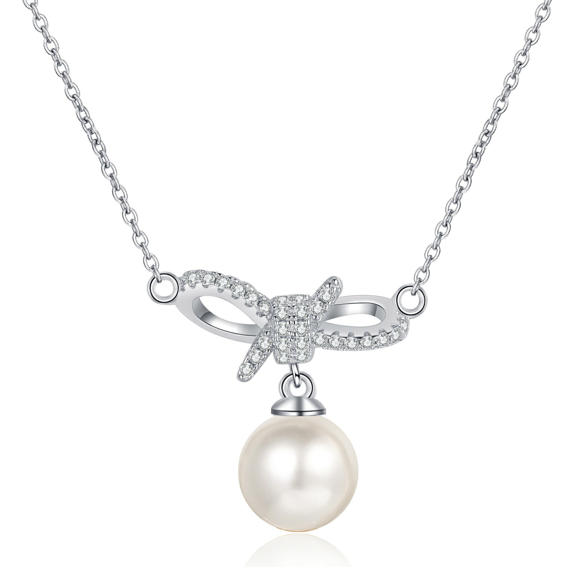 925 Sterling Silver Moissanite Pearl Bow Collarbone Necklace Minimalist Sweet Cute Girl Pendant