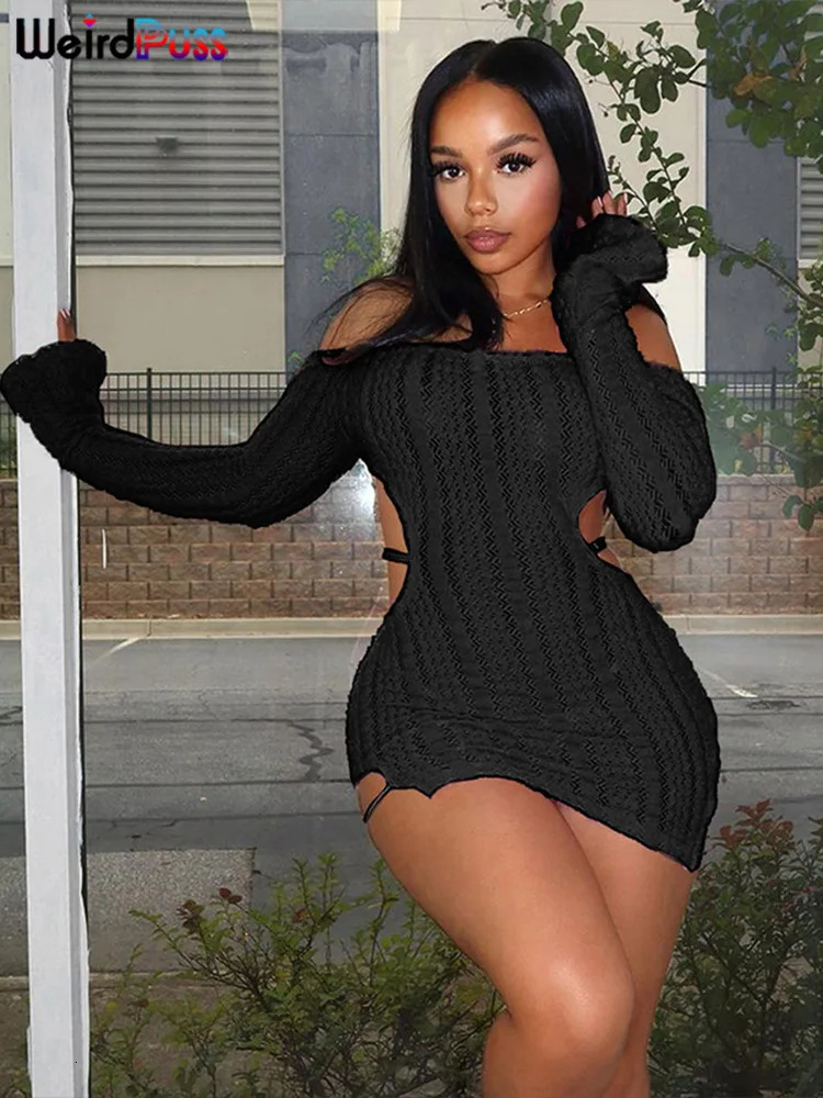 Weird Puss Slash Neck Backless Dress Women Sexy Knit Hollow Chic Trend Irregular Elegant Skinny Streetwear Midnight Side Bodycon 250530