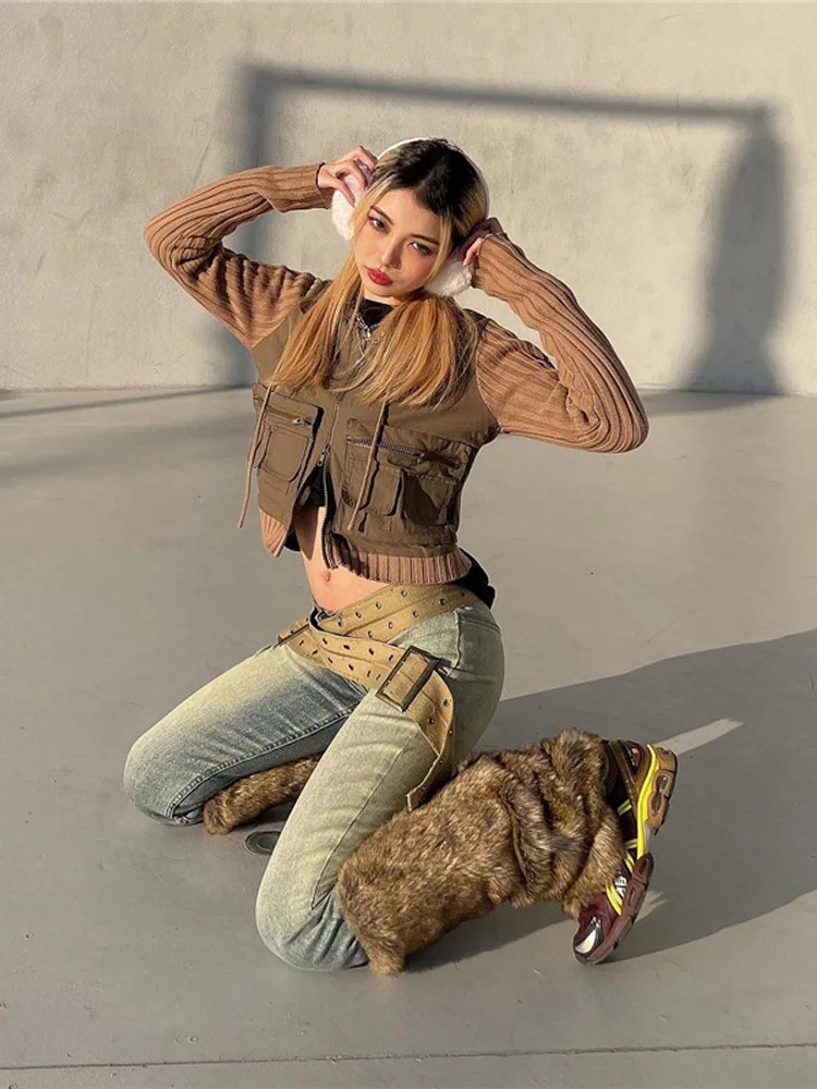 Vintage Women Distressed Flared Denim Pants Belts Straight Slim Jeans for Lady Fashion High Street Washed Dragging Chic 250530