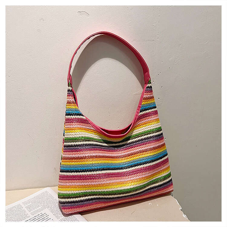 2025 New Summer Bag Bucket Large Capacity Handbag Underarm Shoulder Bag Vacation Beach Rainbow striped knitted bag