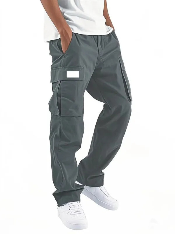 European style mens solid color drawstring waist straight leg casual belt with multiple pockets lightweight loose pants 250527