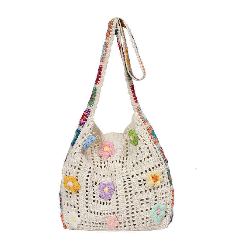 Women's Summer 2025 New Patchwork Knit Ethnic Style Literary Floral Shoulder Beach Bag