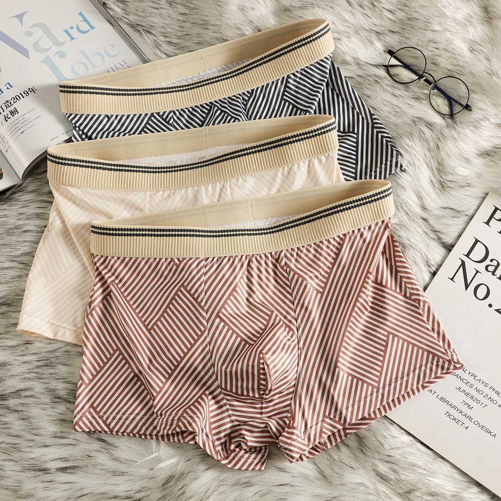 3PCS/Pack Fashion Striped Ice Silk Cool Breathable Mens Underwear Comfortable Crotch Boxers High Elastic Waistband Underpants XJ250530