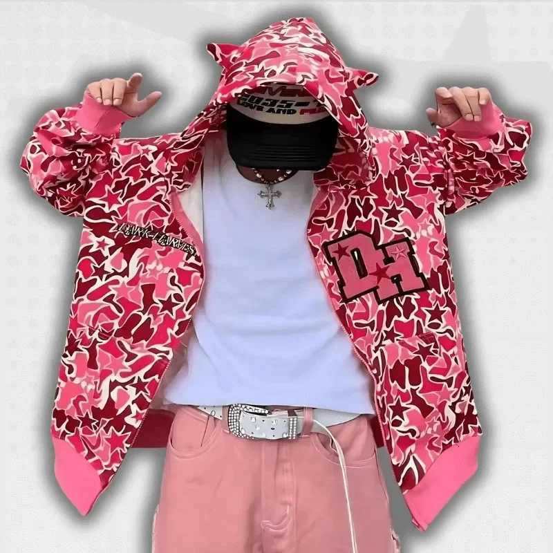 Harajuku Full Zip Camo Hoodies Top Corner Design Oversized Sweatshirt Men Women Jackets Streetwear Zip Up Hoodie Y2k Clothes W250530