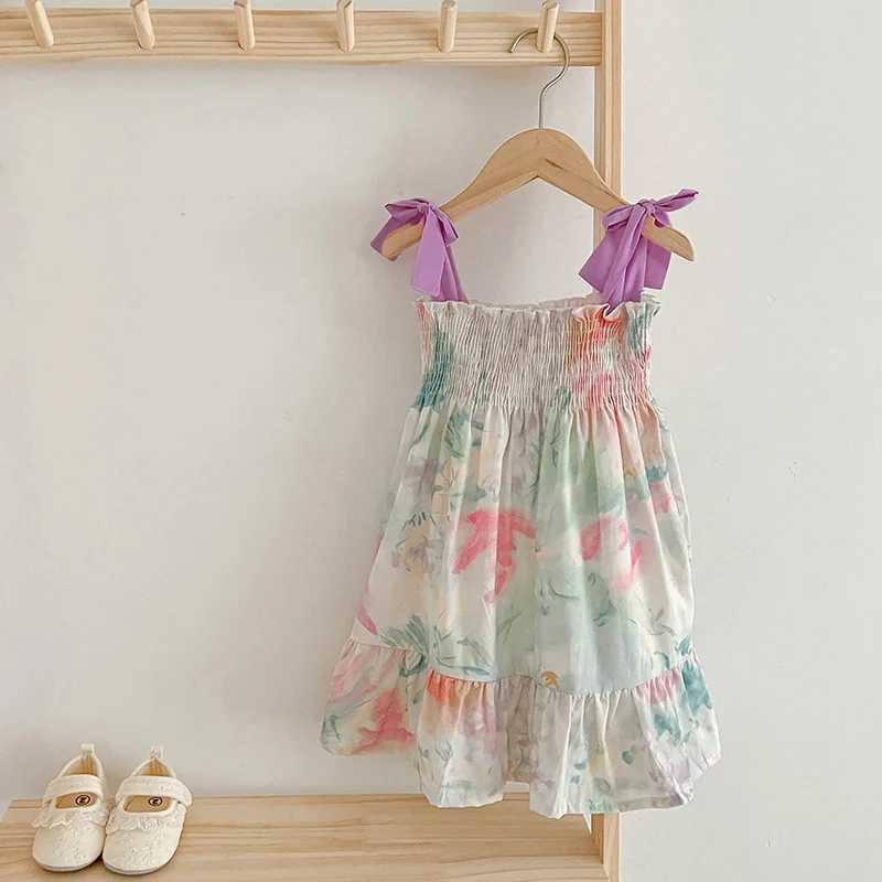 1-6Yrs Toddler Clothing Girls Beach Floral Dress Summer Purple Bow Dress Cozy Baby Cotton Smocked Slip dress Girls Boho Dress R250530