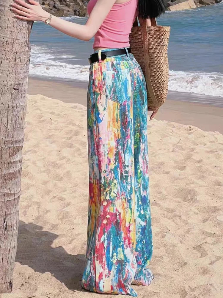 Cyber Y2K Fashion Colorful Graffiti Paint Baggy Jeans Pants For Women Clothing Gothic Wide Leg Lady Trousers Ropa Mujer 250530