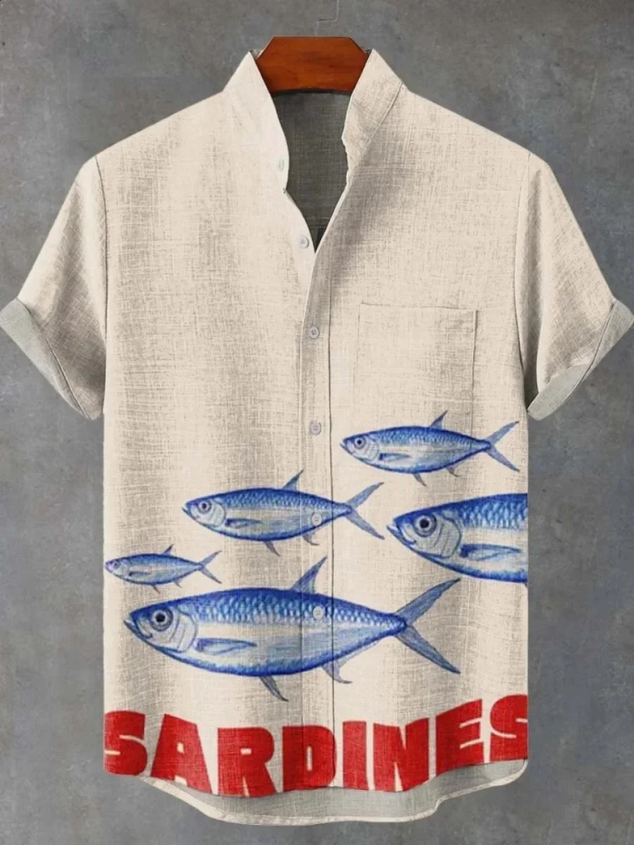 print retro style mens fish print casual linen comfortable fabric button-down short sleeve shirt 250529 - view 3