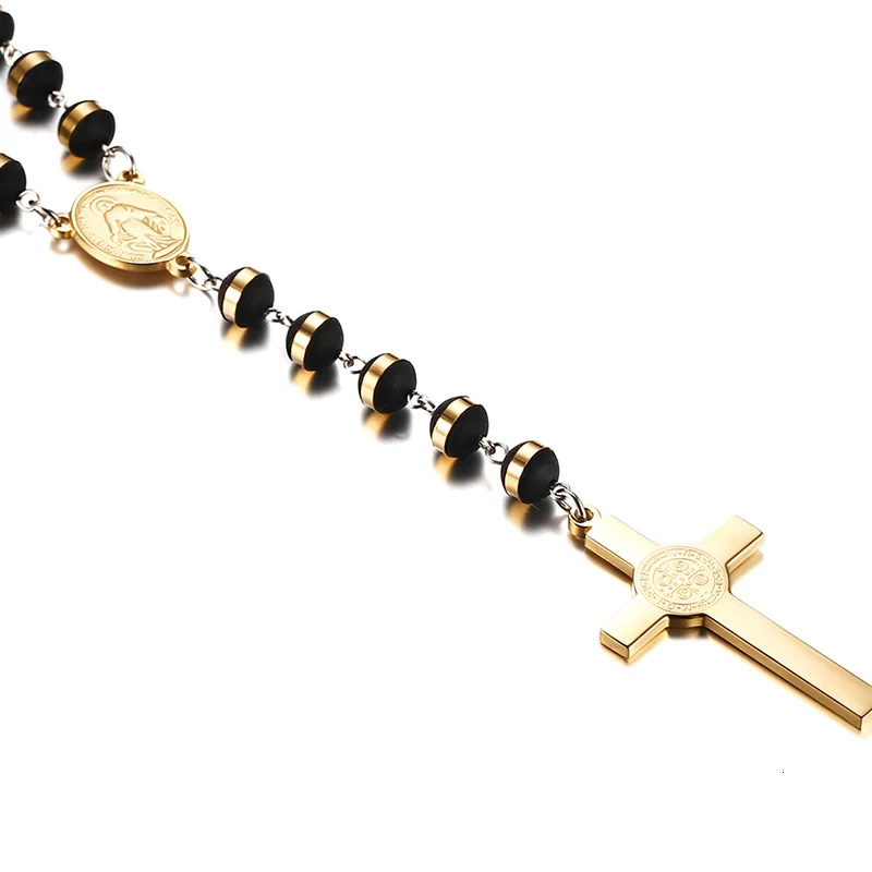 Vnox Black Gold Color Beads Long Rosary Necklace for Women Men Stainless Steel St Benedict Cross Pendant Sweater Chain Unisex 250530