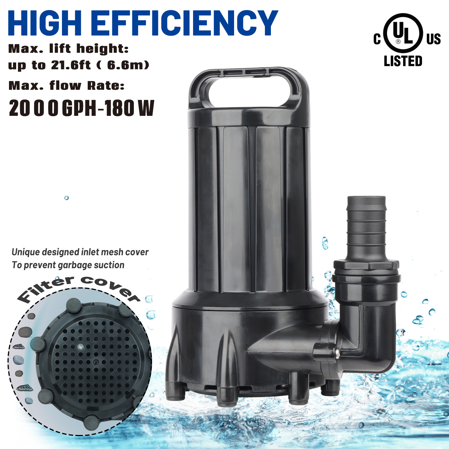 2000GPH Submersible Outdoor Inline Pond Pump High Head Water Pump for Garden Waterfall Fountain Water Circulation for Koi Fish Pond