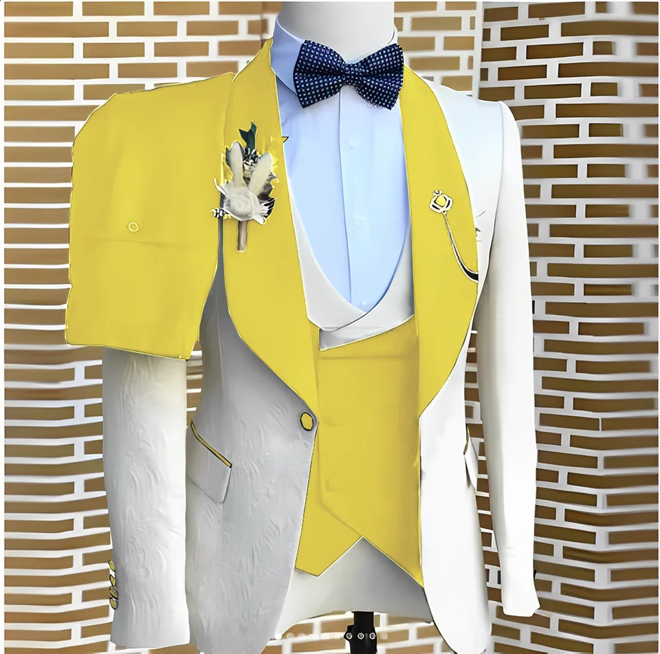 Elegant WhiteJacquard Suits Men For Wedding Formal Jacket Vest Pants 3 Pieces Groomsman Tuxedos Tailored Male Fashion Clothing 250529