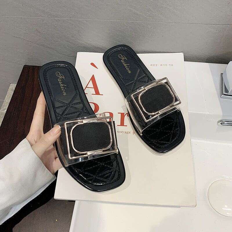New Women's Square Buckle Summer Outdoor Fashionable And Versatile Transparent Jelly Color Casual Student Slippers Designer Sandals Free Shipping
