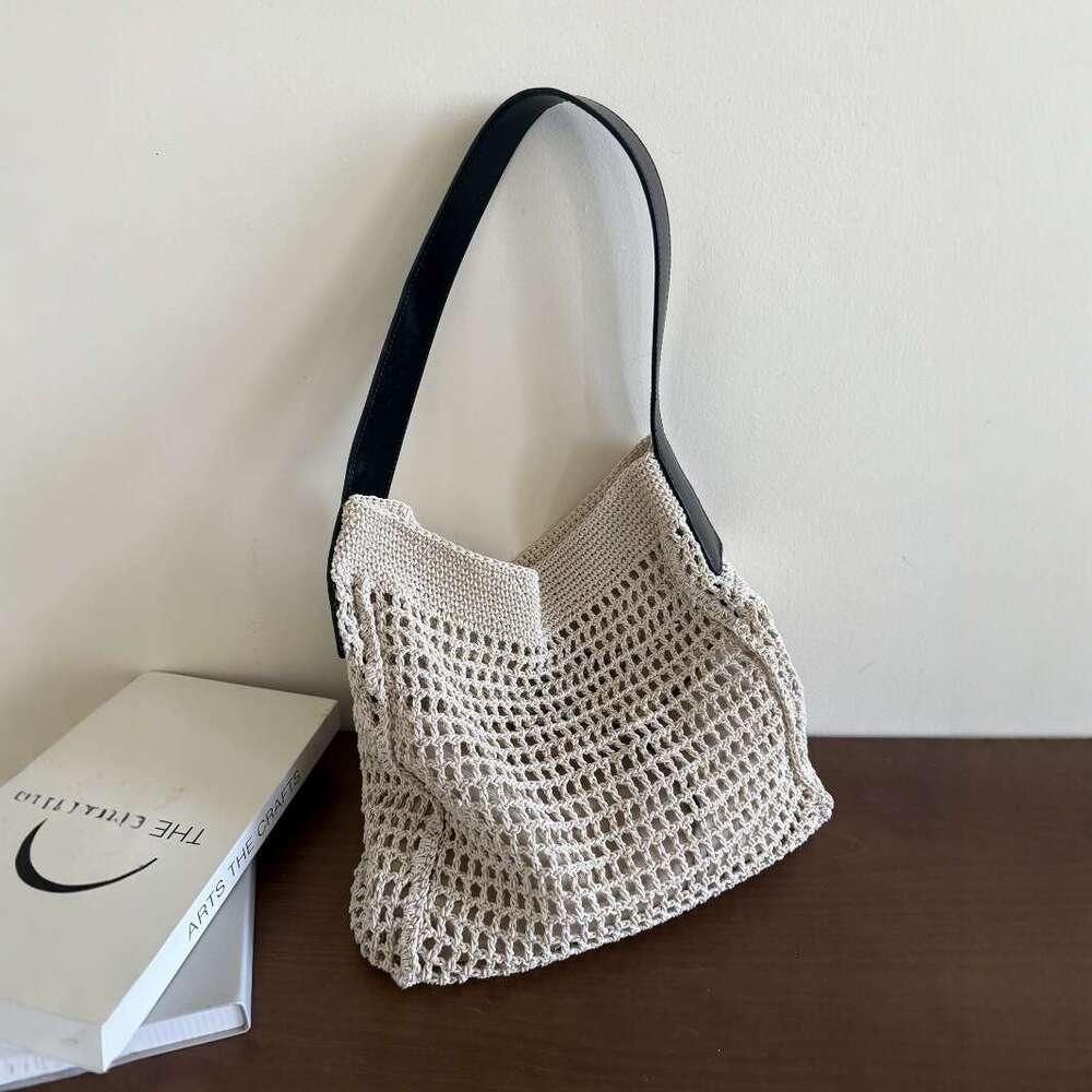 Tote Bag Leather Bag New Cotton Yarn Crochet Knitted Genuine Leather Simple Large Capacity Shoulder Handbag Beach Vacation Hollow Out Bag Shoulder Bag