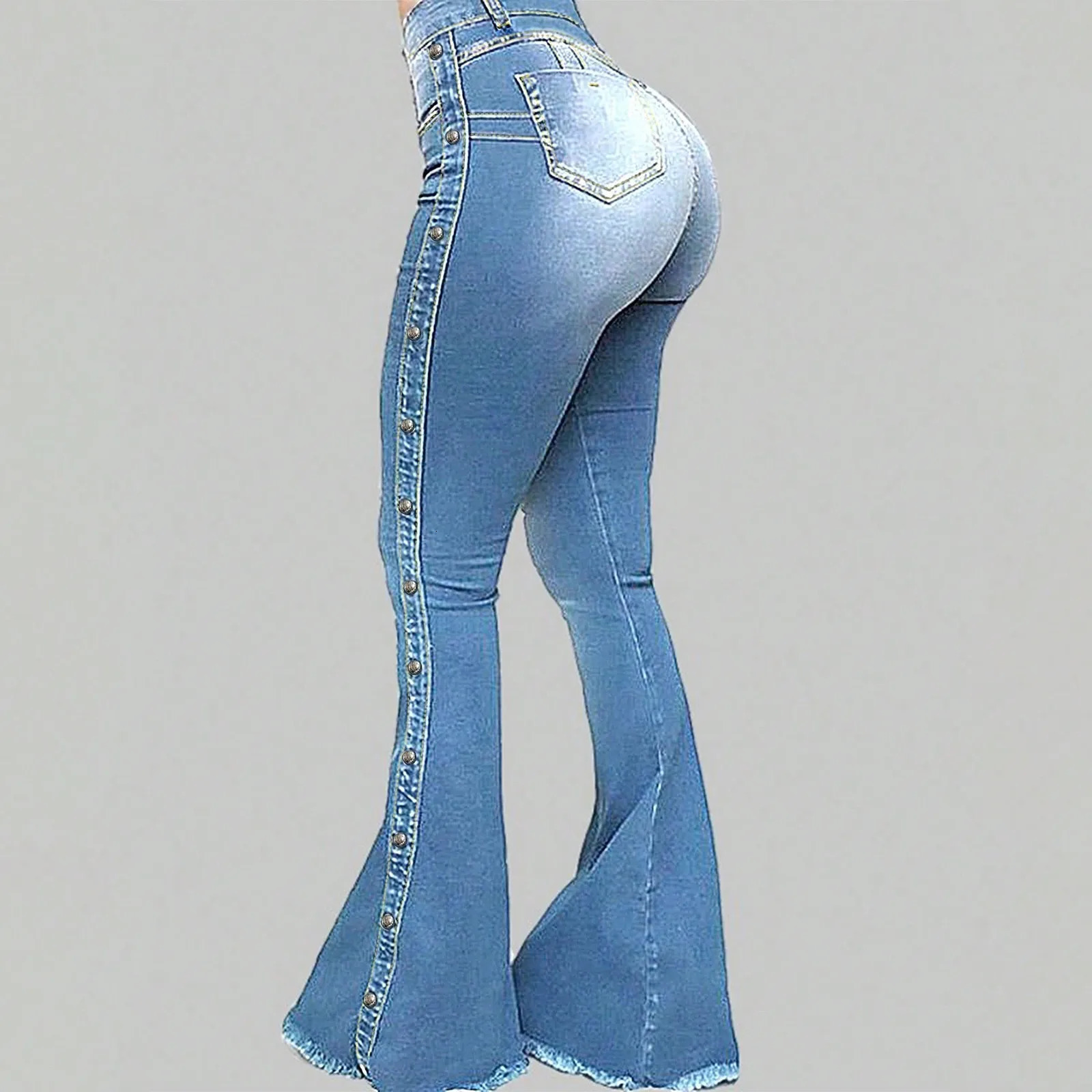 Womens Highwaisted Stretch Jeans Sexy Hiplifting Slimfit Denim Trousers Fashionable Side Buttondecorated Flared Jeans 250530