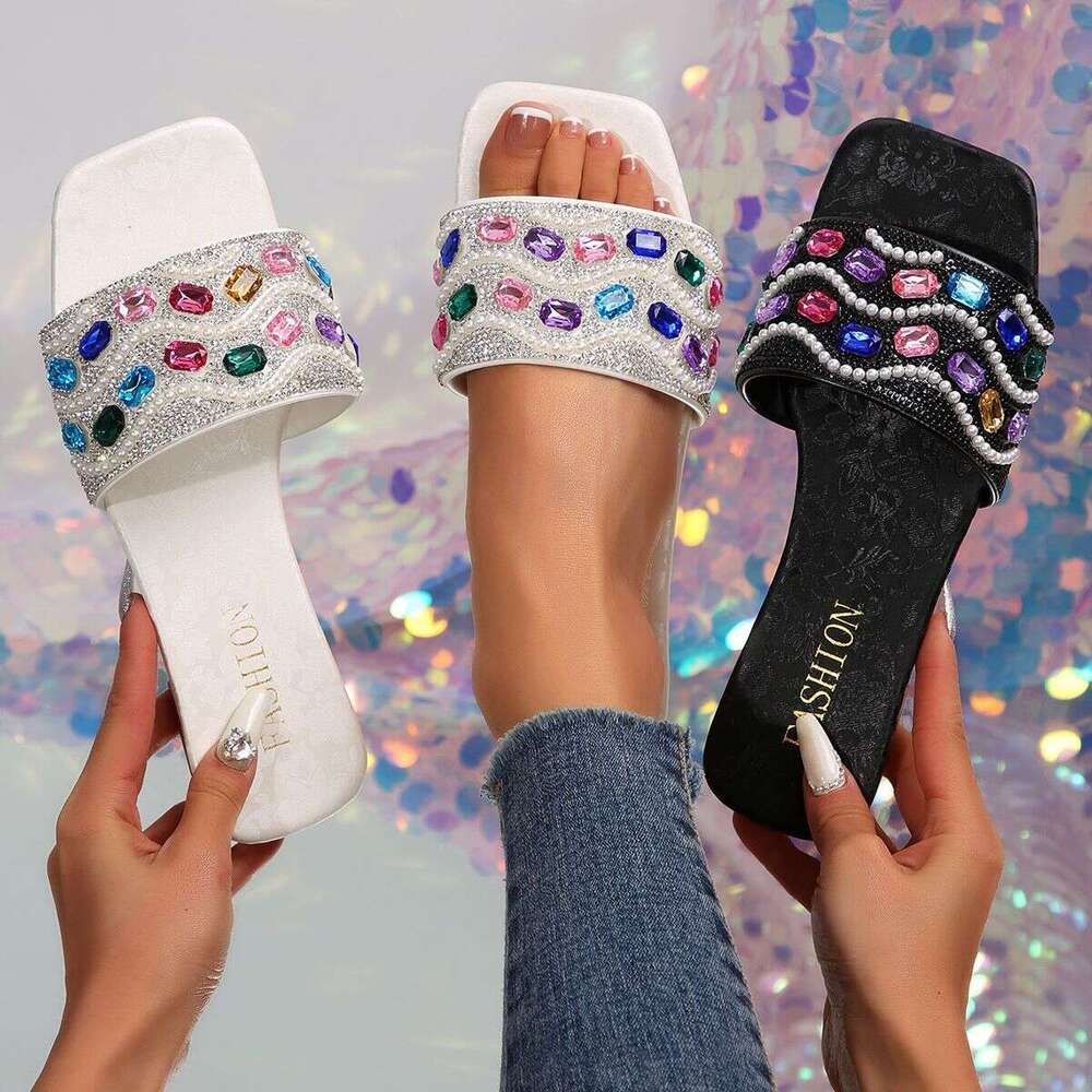 Designer Sandals Diamond Large Beach Slippers 2025 Summer New Style Outerwear Women's Straw Square Head One Word Casual Cool Straw Free Shipping