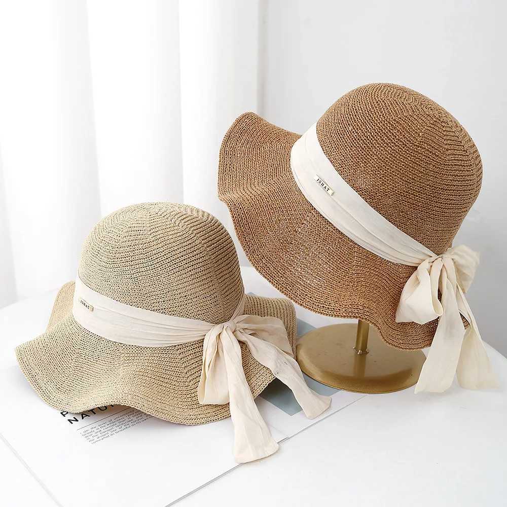 Womens Foldable Fisherman Sun Hat Breathable Sun Protection Wide Brim with Bow Ribbon Fashion Summer Beach Travel Korean Style Z250530