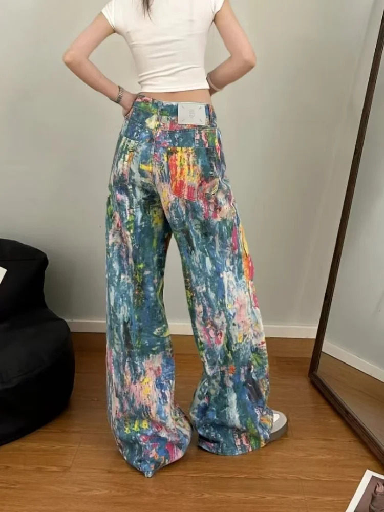 Cyber Y2K Fashion Colorful Graffiti Paint Baggy Jeans Pants For Women Clothing Gothic Wide Leg Lady Trousers Ropa Mujer 250530