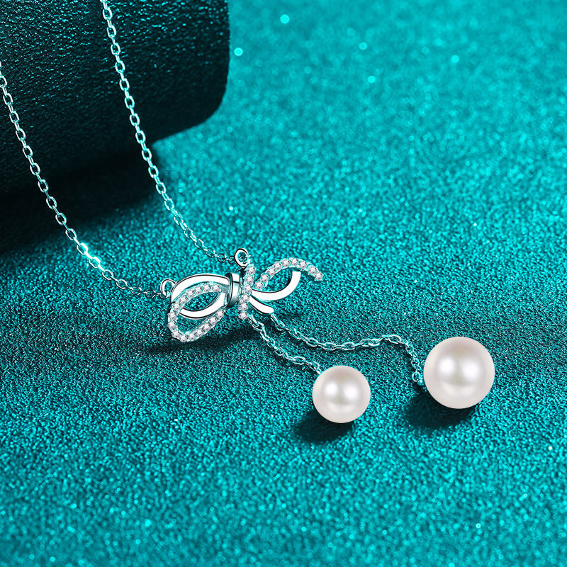925 Sterling Silver Moissanite Bow Necklace with Natural Freshwater Pearls Tassel Pendant Elegant Minimalist Clavicle Chain