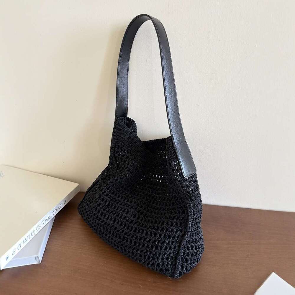 Tote Bag Leather Bag New Cotton Yarn Crochet Knitted Genuine Leather Simple Large Capacity Shoulder Handbag Beach Vacation Hollow Out Bag Shoulder Bag