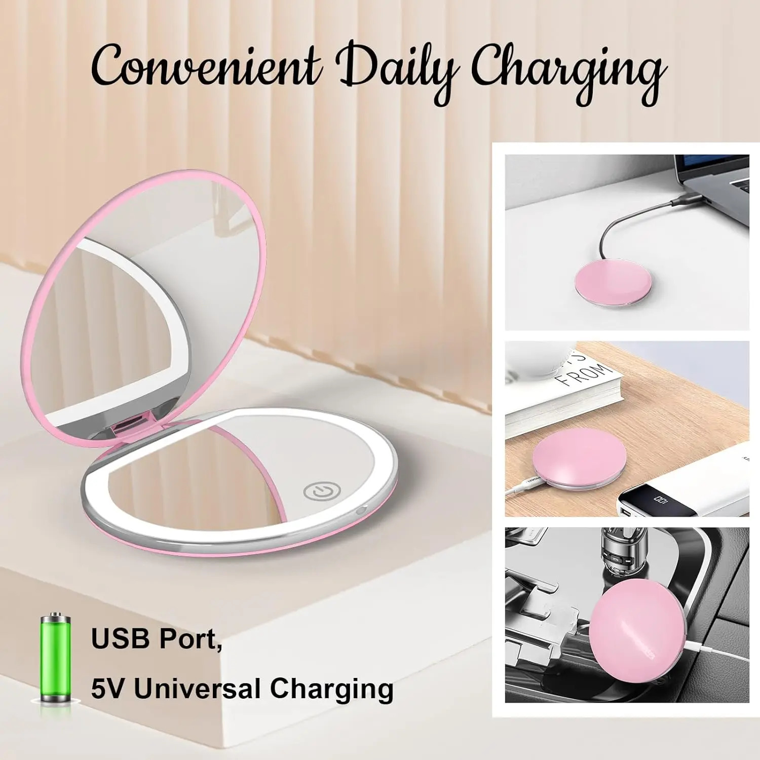 Compact Mirror with Light1X3X Magnification LED Pocket Mirror with USB Data Cable Pink Mini Mirror for Purse PocketTravel 250530