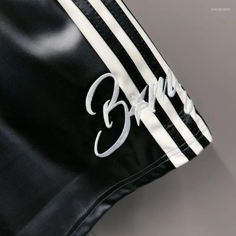 Men's Shorts Leather Black Side Bar Red White Stripe Short Pants Men Women Summer Trend Casual Drawstring Shortpant Breeches