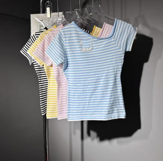 88NEL designer t shirt for women short sleeve Diagonal V-neck womens knit tshirt brand woman top tee