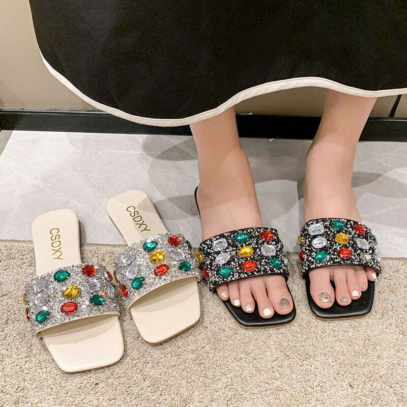 2025 Summer Large Diamond Flat Slippers Designer Sandals Women's Open Toed Cool Slippers Women's Outdoor Sandals Wholesale Free Shipping