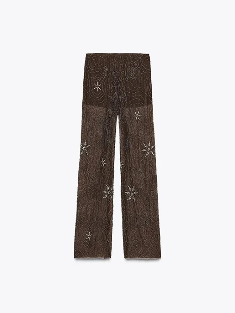 Elegant Sequin Printed Straight Pant Women Chic Bead y Seethrough Thin Trousers Summer High Street Party Wear 250530