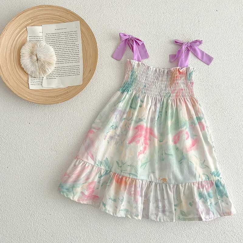 1-6Yrs Toddler Clothing Girls Beach Floral Dress Summer Purple Bow Dress Cozy Baby Cotton Smocked Slip dress Girls Boho Dress R250530