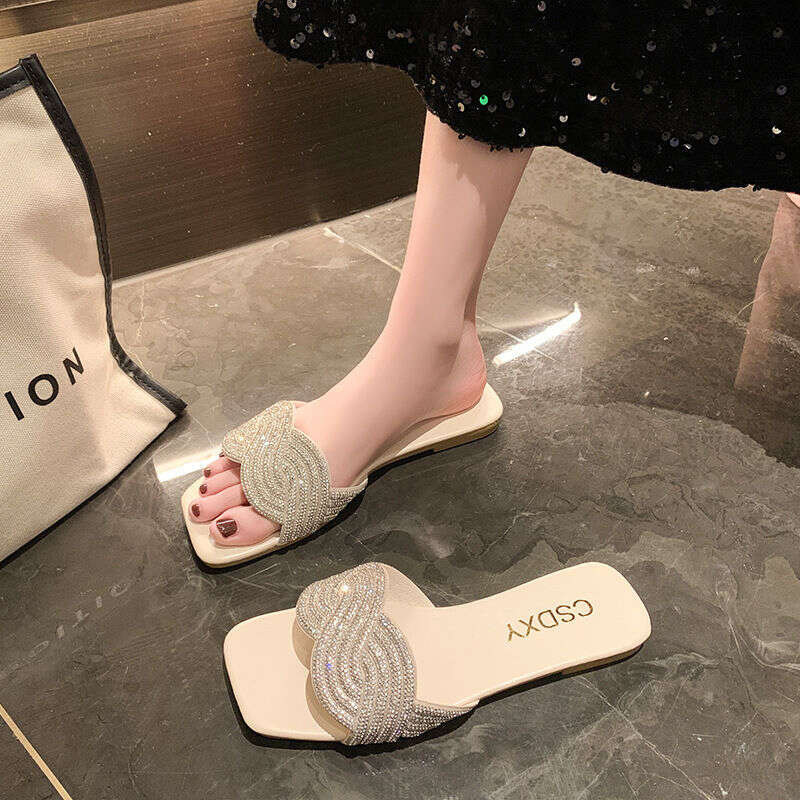 Fashionable Rhinestone Women's Shoes For Summer 2025, New Plus Size Sandals For Outdoor Wear, One Line Women's Slippers, Designer Sandals