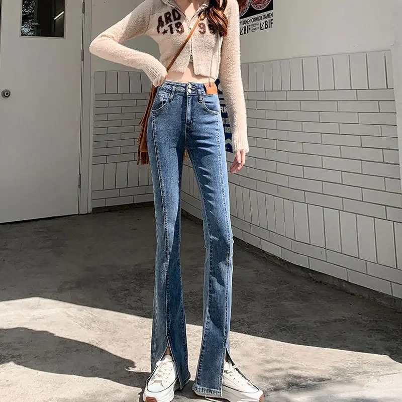 High Waist Straight Leg Slit Elastic Micro Flared Denim Jeans Women Early Spring Floor Length Ankle Boots Pants Female 250530