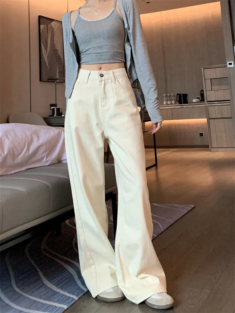 Y2K Summer Womens Jeans Cream Wide Leg Denim Pants | High Waist Baggy Straight FloorDragging Trousers 250530