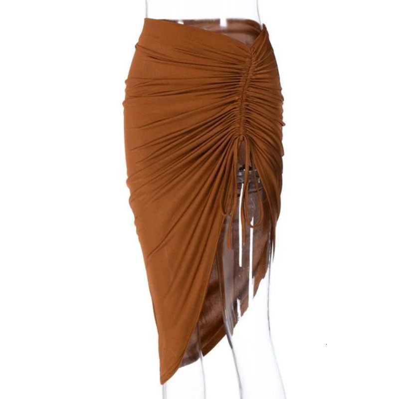 Women Clothes Office Lady Wrap Buttock Sexy Midi Skirt Elegant Solid Draped Irregular Lace up Drawstring Folds High Split Dress 250527