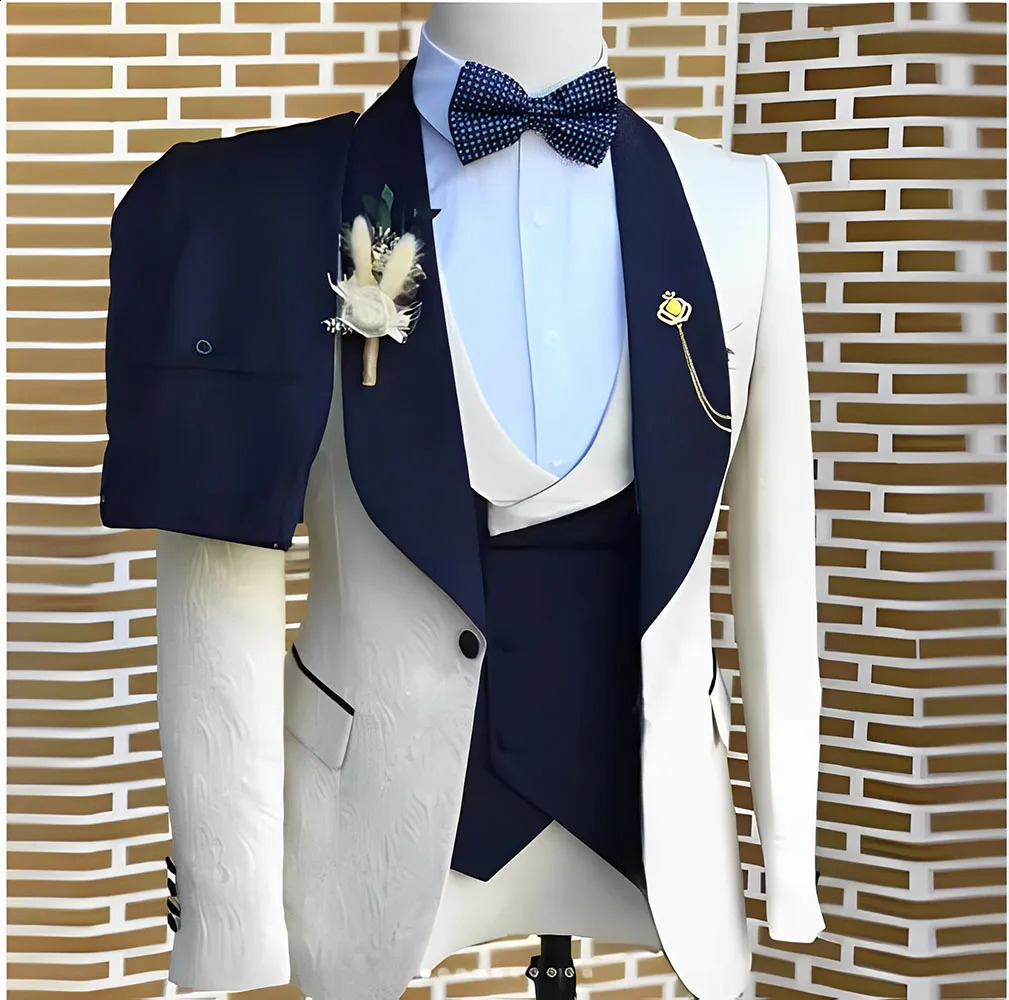 Elegant WhiteJacquard Suits Men For Wedding Formal Jacket Vest Pants 3 Pieces Groomsman Tuxedos Tailored Male Fashion Clothing 250529