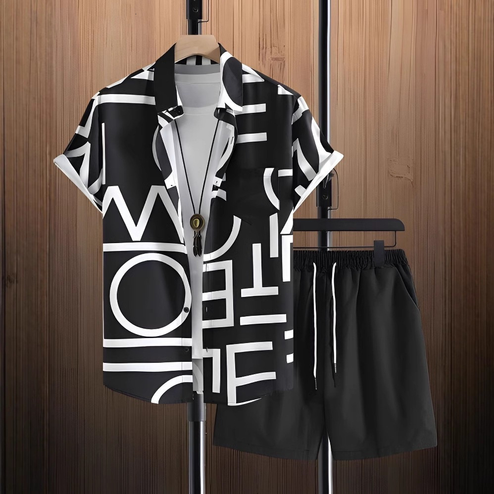2025 Summer TEMU Short Sleeve Trendy 3D Printed Hawaiian Shirt and Shorts Set for Men 240807