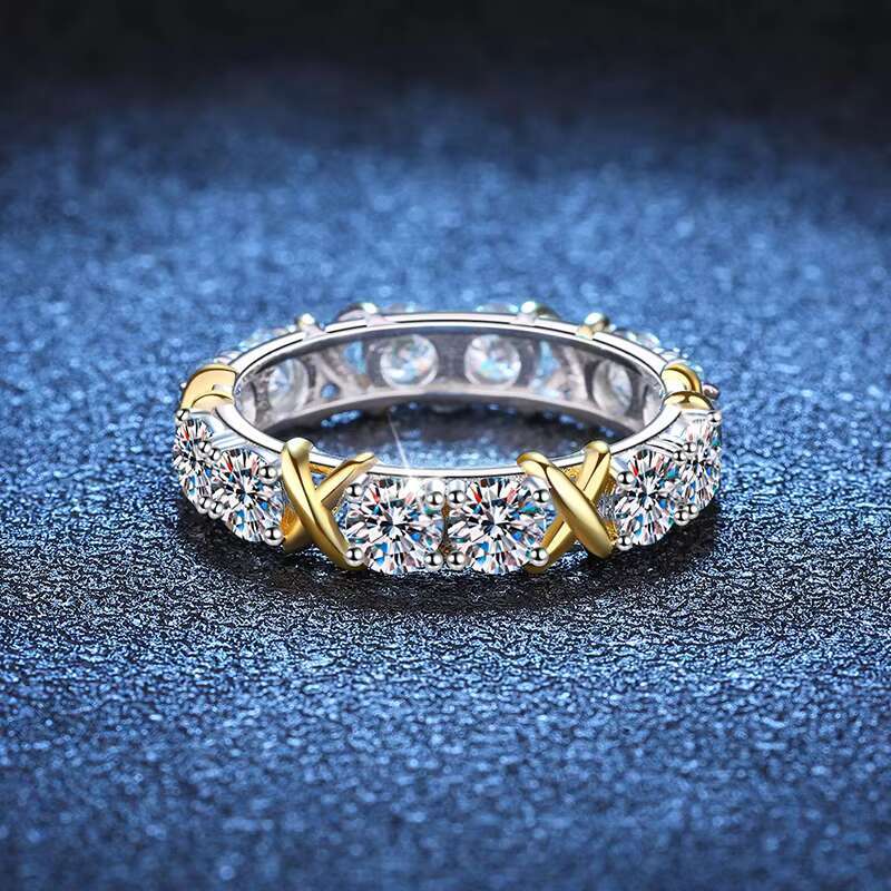 S925 Pure Silver Moissanite Ring Elegant Two-Tone Eternity Band Design Classic Cross Two-Color Row Proposal Weddings