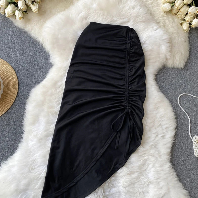 Women Clothes Office Lady Wrap Buttock Sexy Midi Skirt Elegant Solid Draped Irregular Lace up Drawstring Folds High Split Dress 250527