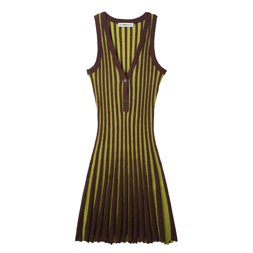 SpringSummer Product Womens Fashion Casual Striped Knitted Dress Color Contrasting Sleeveless Vneck Folding n D 250530