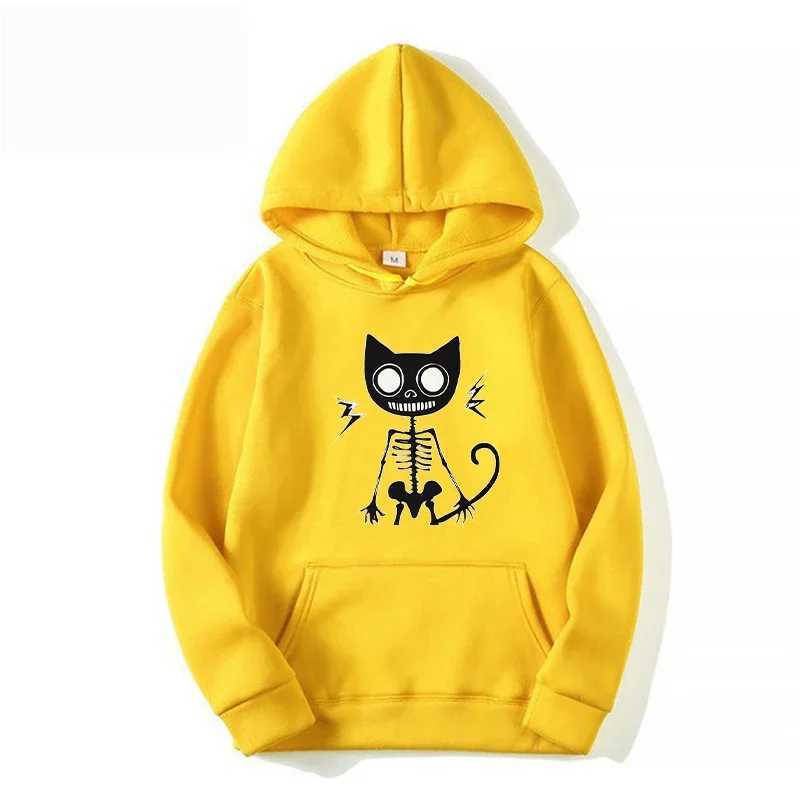 Spring and Autumn Mens Cat Skeleton Printed Hoodies Loose Sweatshirts Male Sportswear Fashion Pullovers Top W250530
