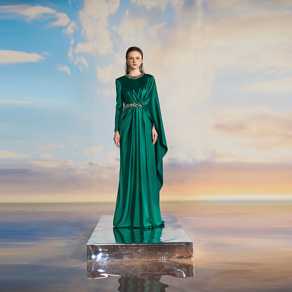 Classic Green Beaded Collar Evening Dresses Long Sleeves Jewel Prom Dresses Sashes Crystal Party Gowns