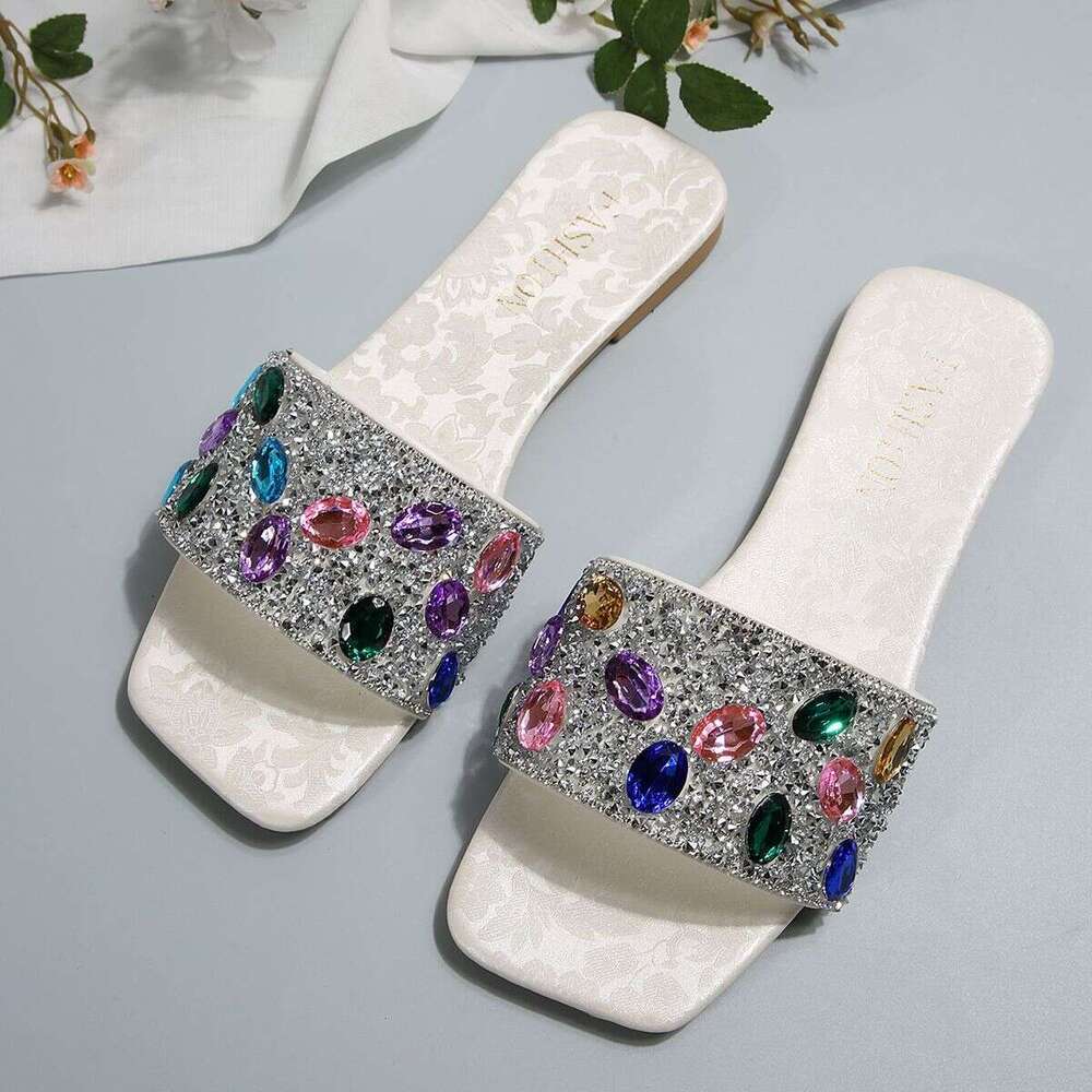 Designer Sandals, Large Flat Slippers, Women's Casual Outerwear, Round Head, One Word Water Diamond, One Step Stepping Lazy Slippers, Free Shippi