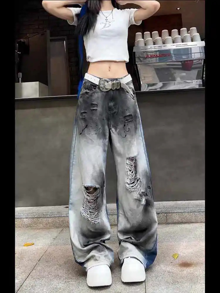 Blue Jeans Women American Style 90s Vintage High Waisted Straight Trouser Streetwear Casual Loose Wide Leg Denim Pants 250530
