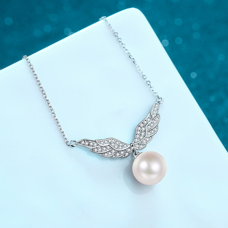 925 Sterling Silver Plated Pt950 Gold Collarbone Necklace Women 10mm Flawless Pearl Angel Wing Moissanite Elegant Luxury