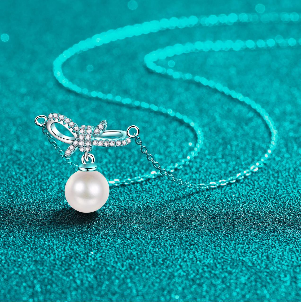 925 Sterling Silver Moissanite Pearl Bow Collarbone Necklace Minimalist Sweet Cute Girl Pendant